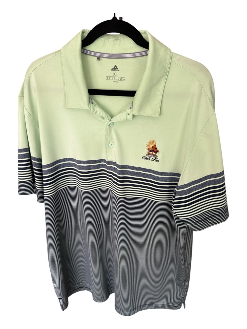 adidas Mint Green and Navy Striped Polo with Tiki Hut Embroidery